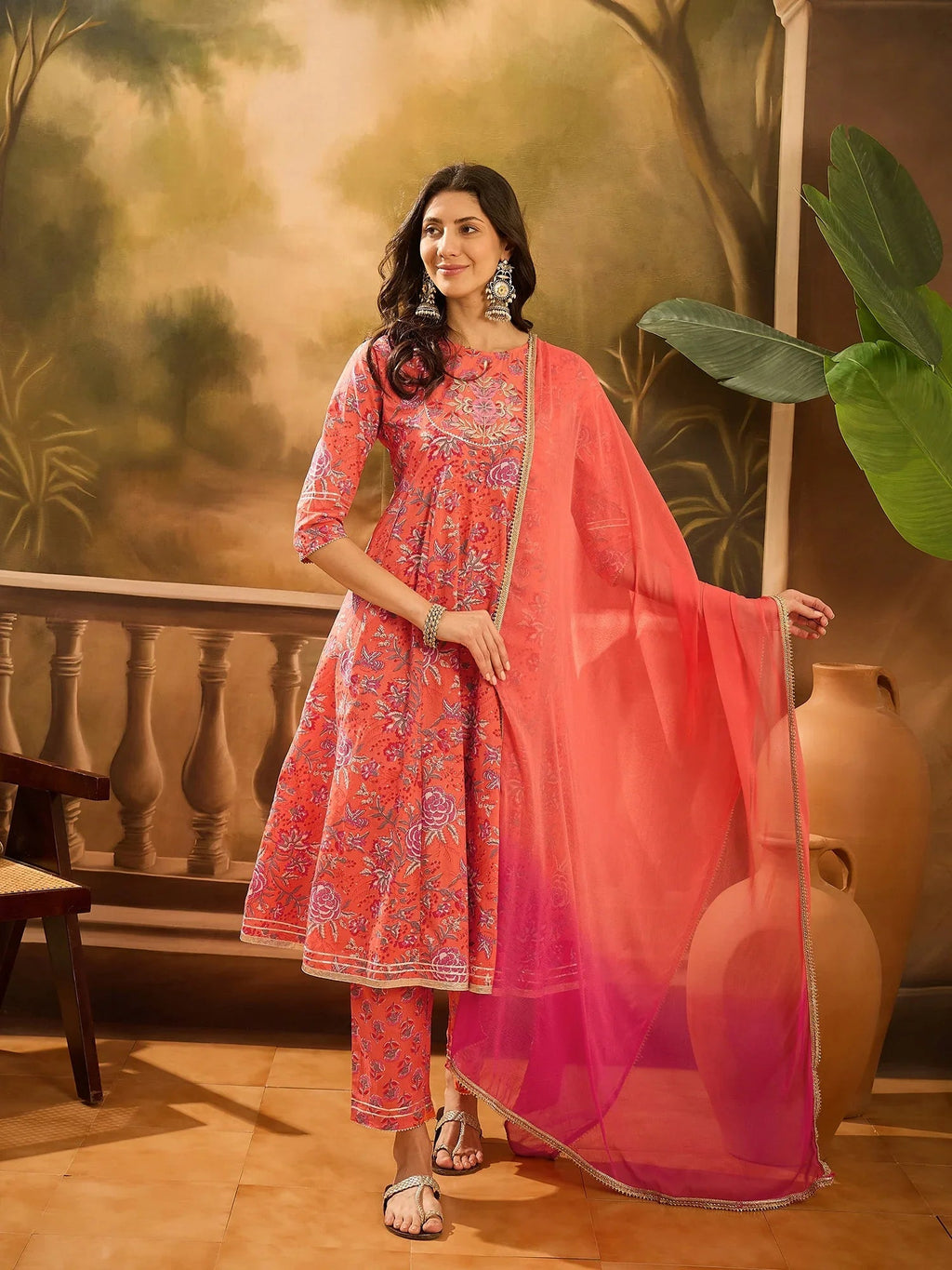 Orange Pure Cotton Round Neck Kurta Set For Women - SanskrutiHomes 