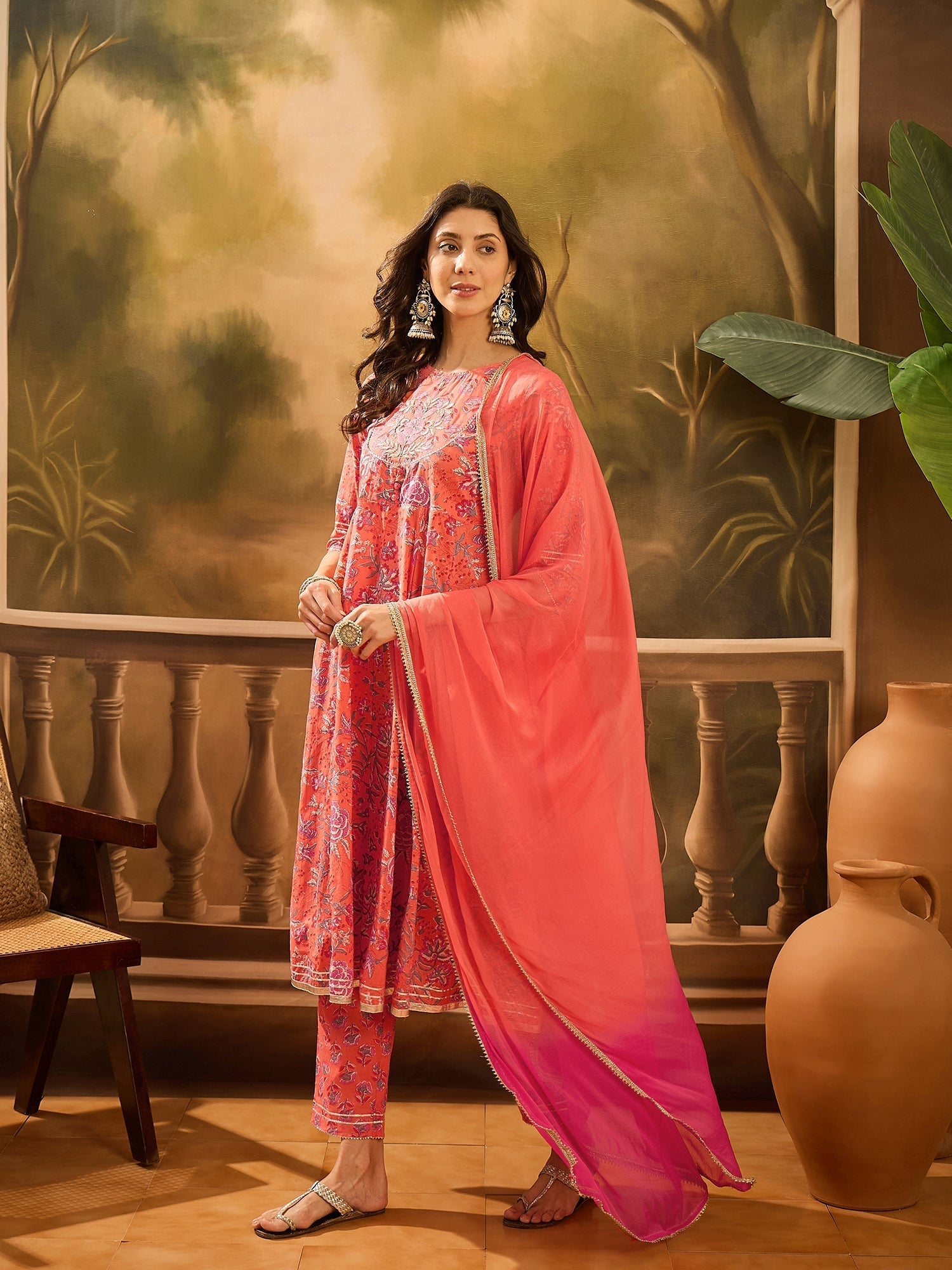 Orange Pure Cotton Round Neck Kurta Set For Women - SanskrutiHomes 