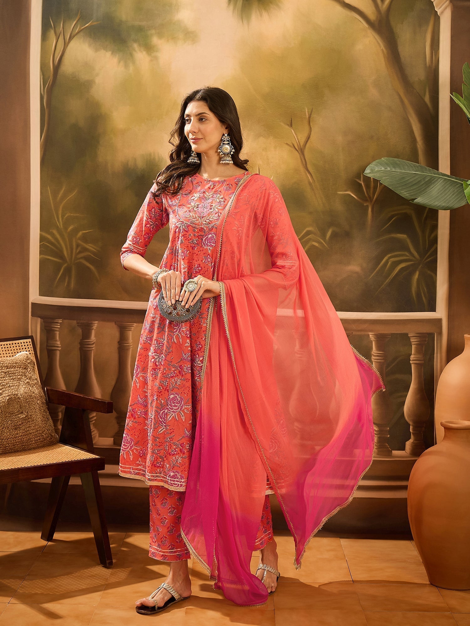 Orange Pure Cotton Round Neck Kurta Set For Women - SanskrutiHomes 