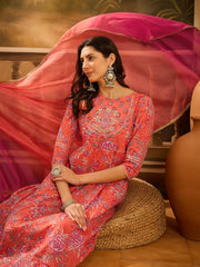 Orange Pure Cotton Round Neck Kurta Set For Women - SanskrutiHomes 