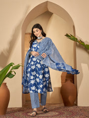 Blue Printed Round Neck Pure Cotton Kurta Set For Women
