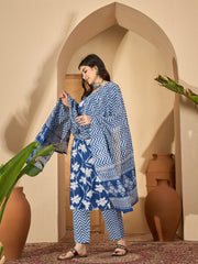 Blue Printed Round Neck Pure Cotton Kurta Set For Women