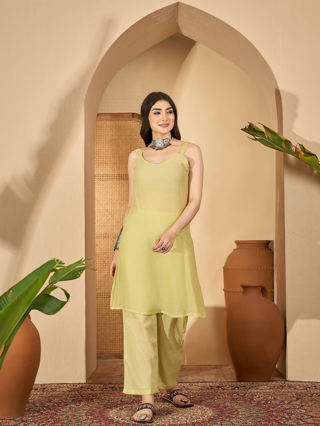 Lime Green V-Neck Pure Cotton Co-Ords Set For Women