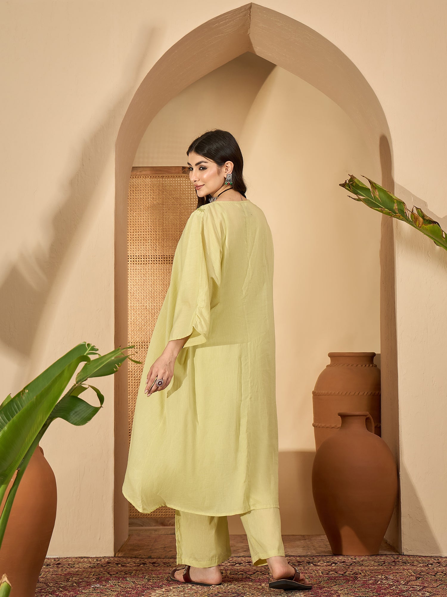 Lime Green V-Neck Pure Cotton Co-Ords Set For Women