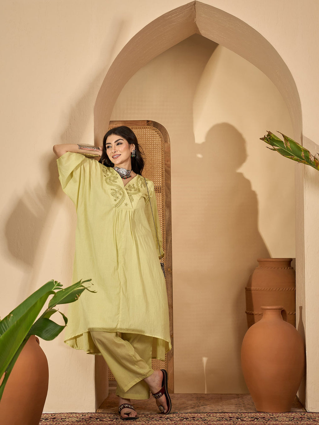 Lime Green V-Neck Pure Cotton Co-Ords Set For Women