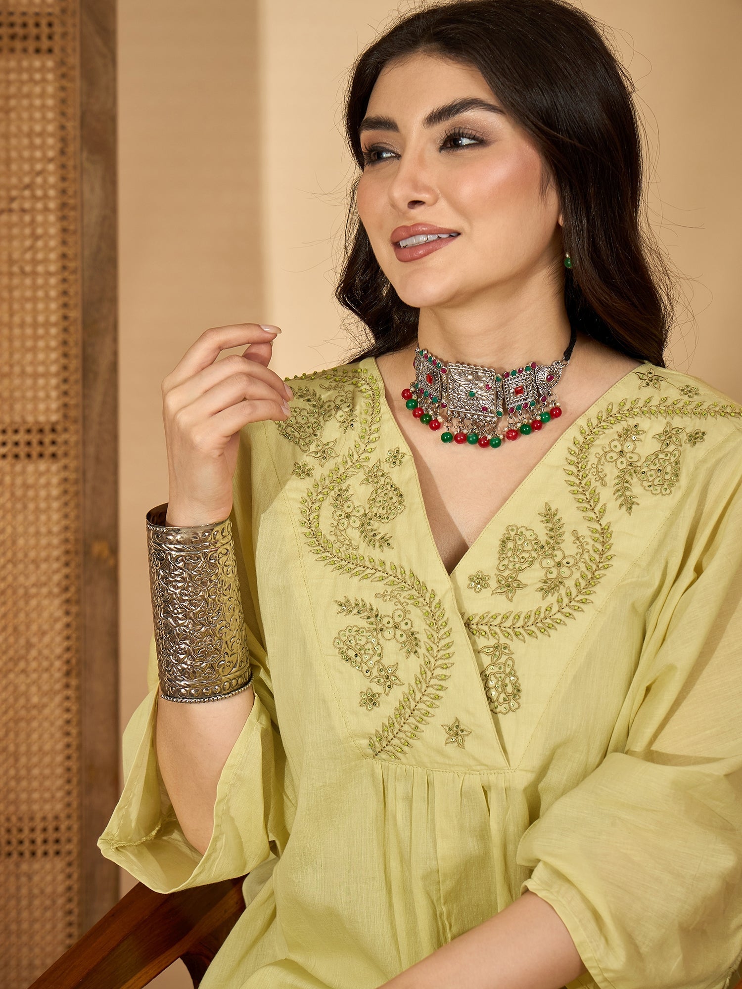 Lime Green V-Neck Pure Cotton Co-Ords Set For Women
