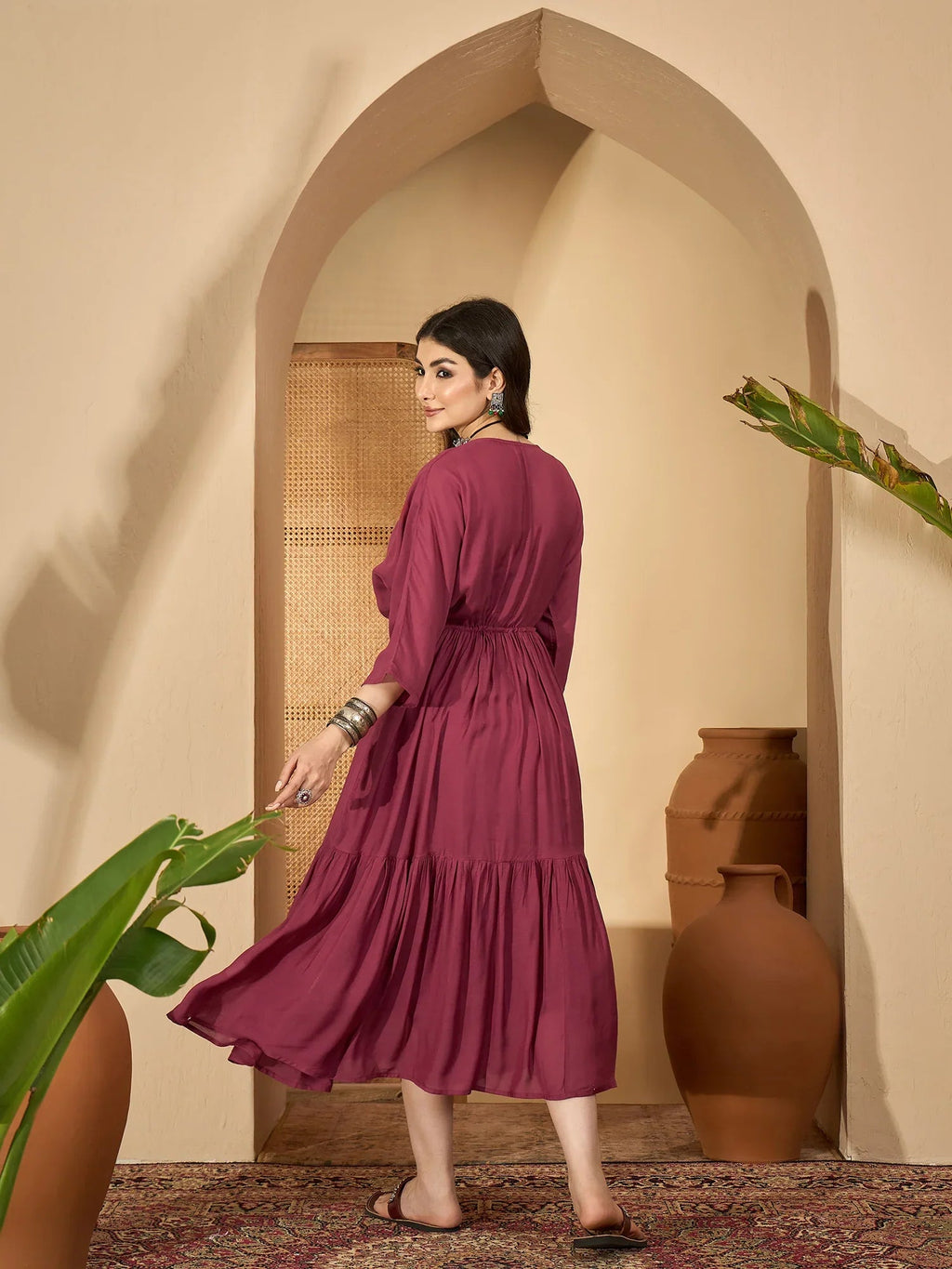 Maroon V-Neck Solid Dress with Inner - SanskrutiHomes 