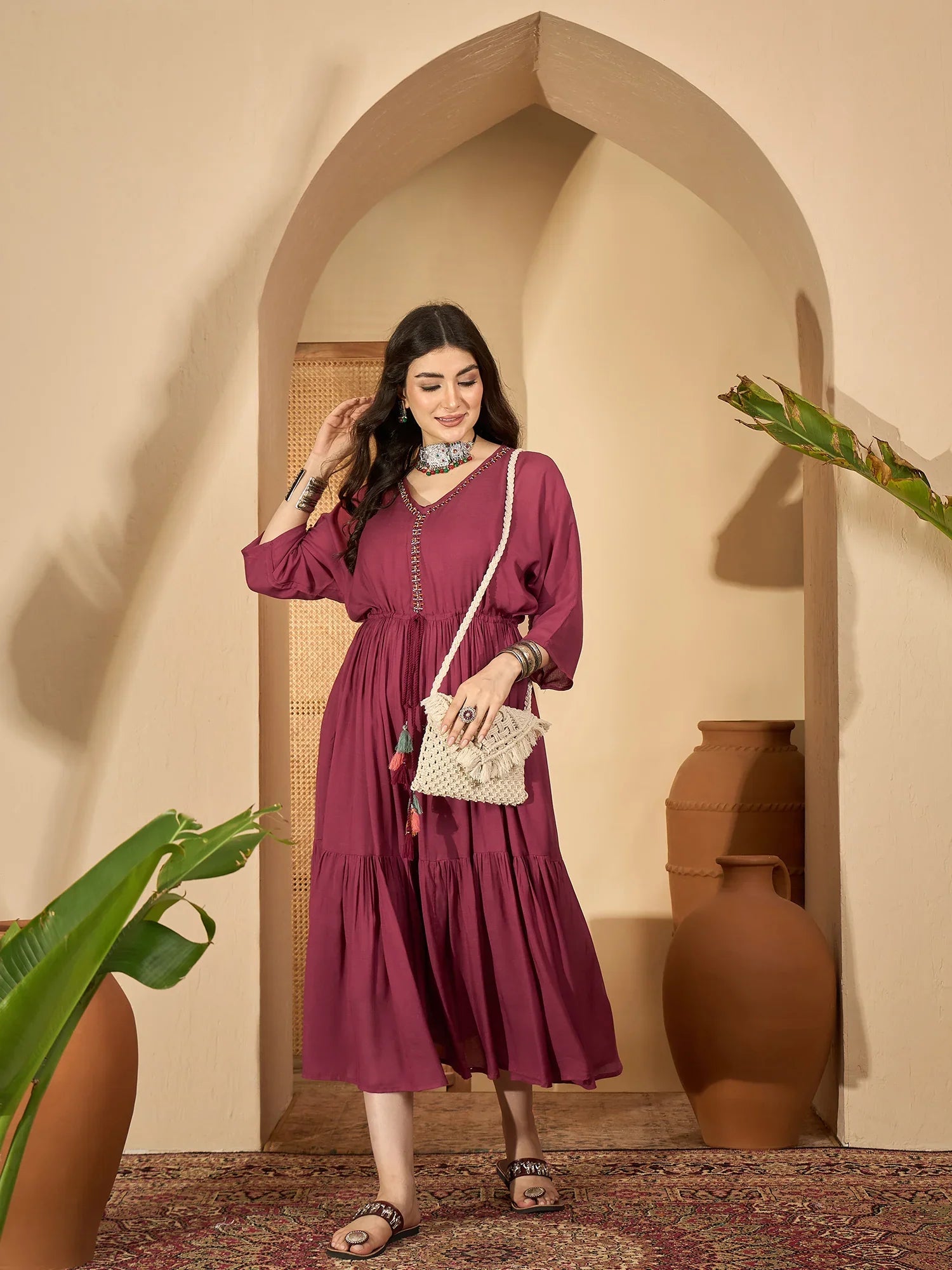 Maroon V-Neck Solid Dress with Inner - SanskrutiHomes 
