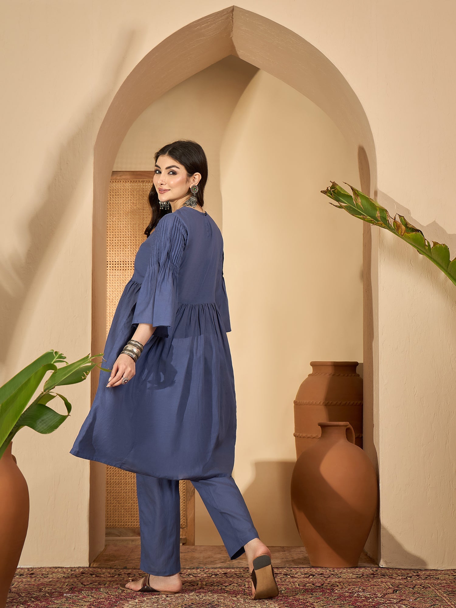 Blue Solid Halter Neck Viscose Rayon Kurta Set For Women