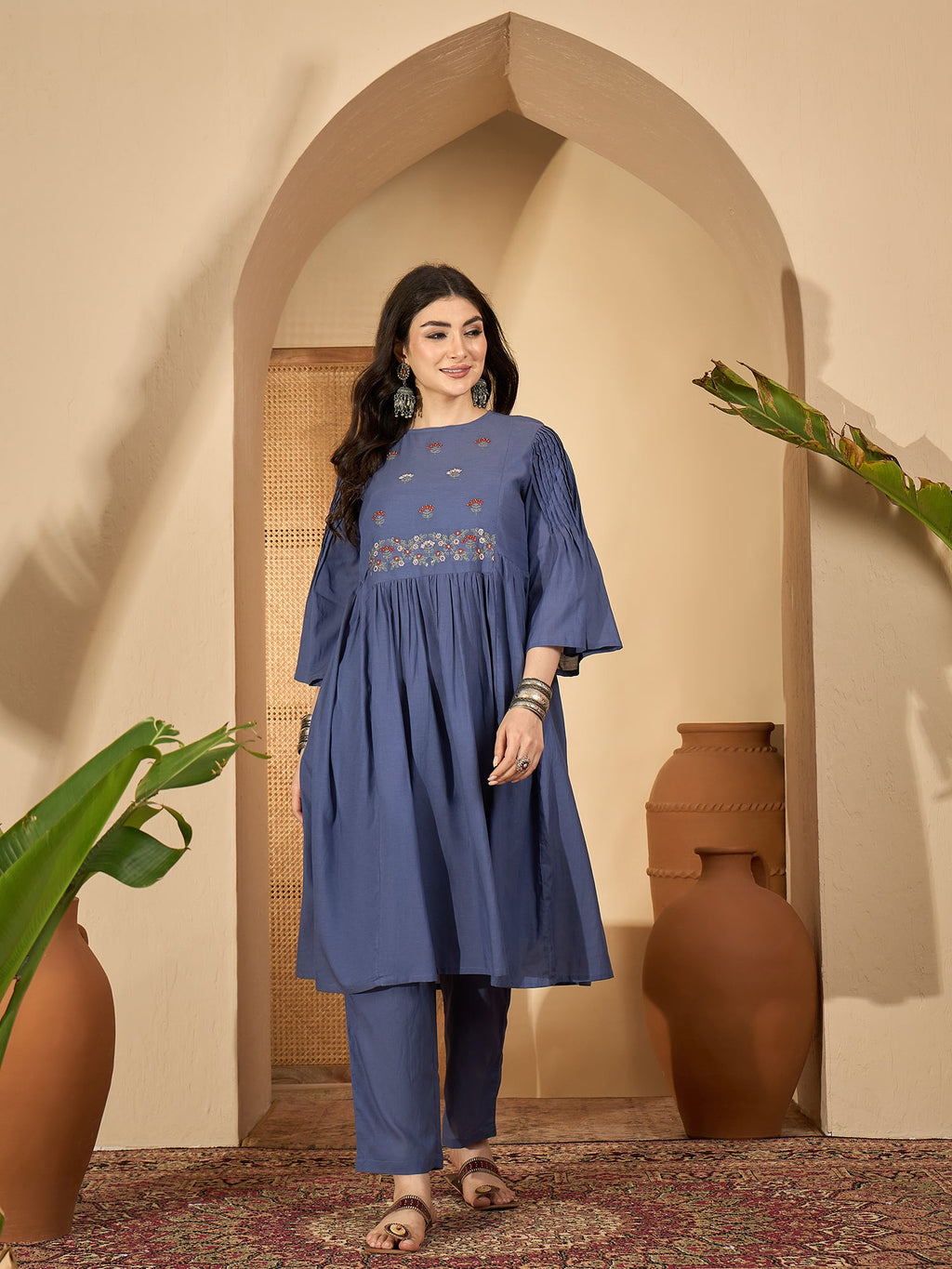 Blue Solid Halter Neck Viscose Rayon Kurta Set For Women