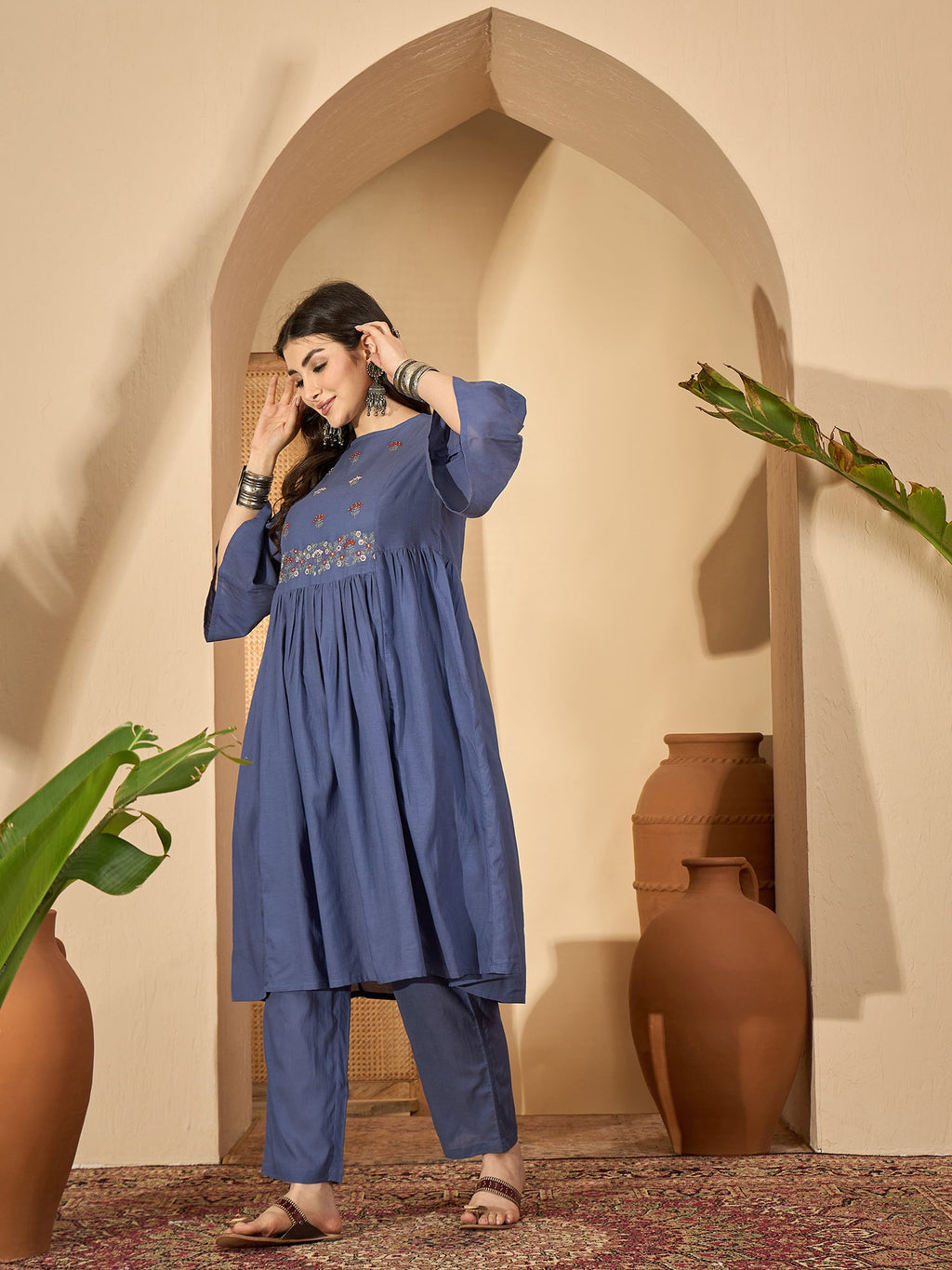 Blue Solid Halter Neck Viscose Rayon Kurta Set For Women