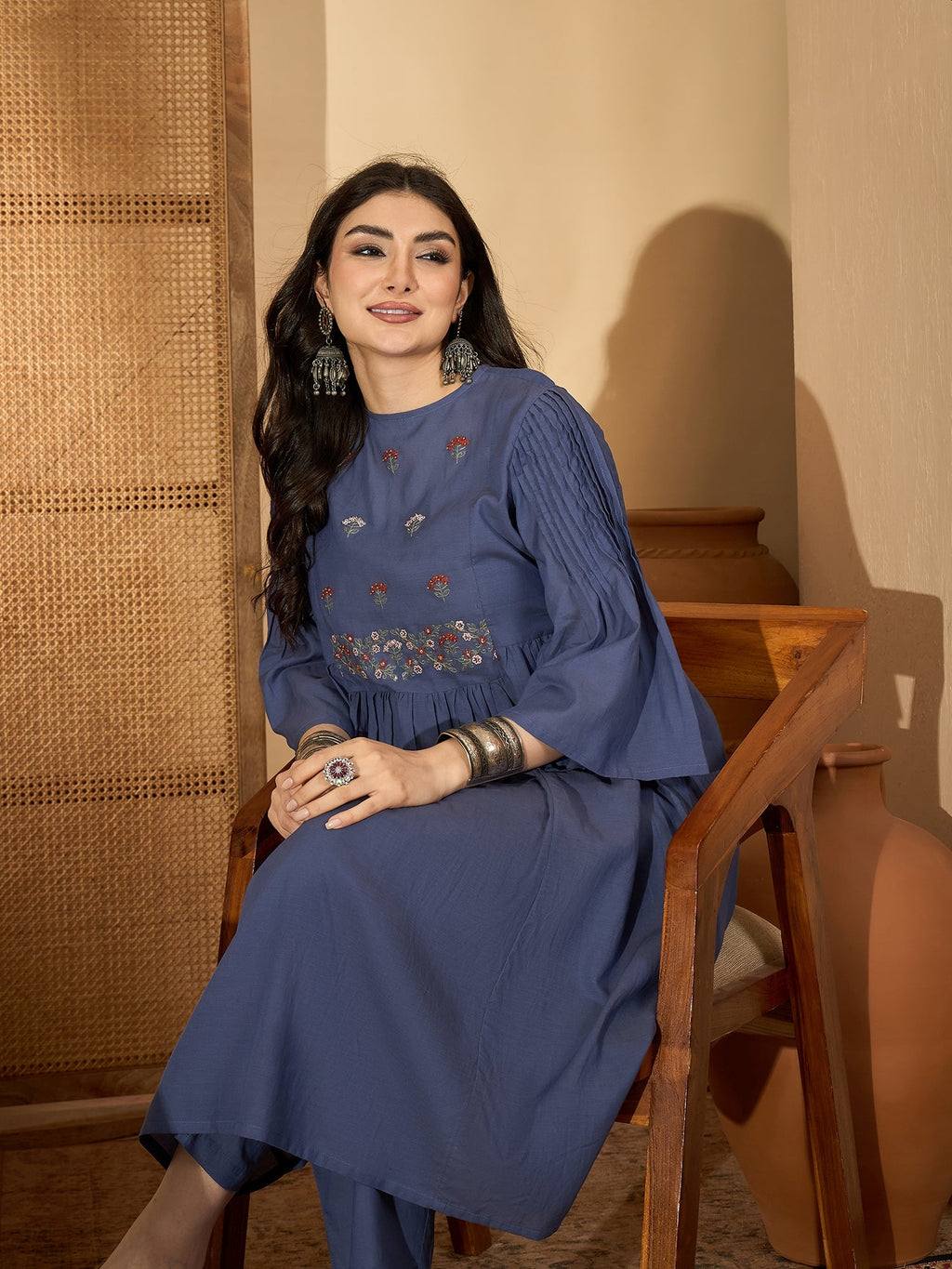 Blue Solid Halter Neck Viscose Rayon Kurta Set For Women