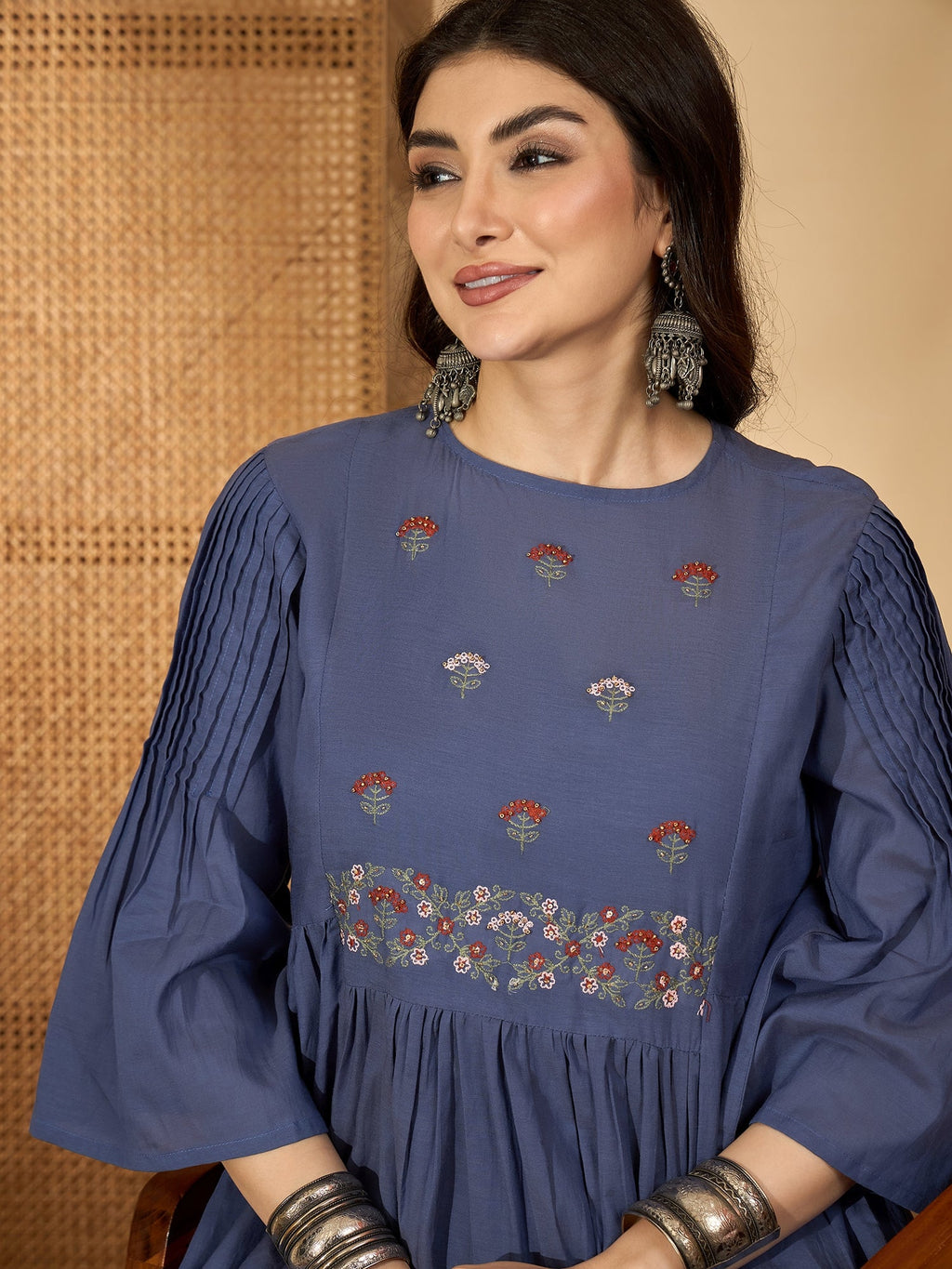 Blue Solid Halter Neck Viscose Rayon Kurta Set For Women