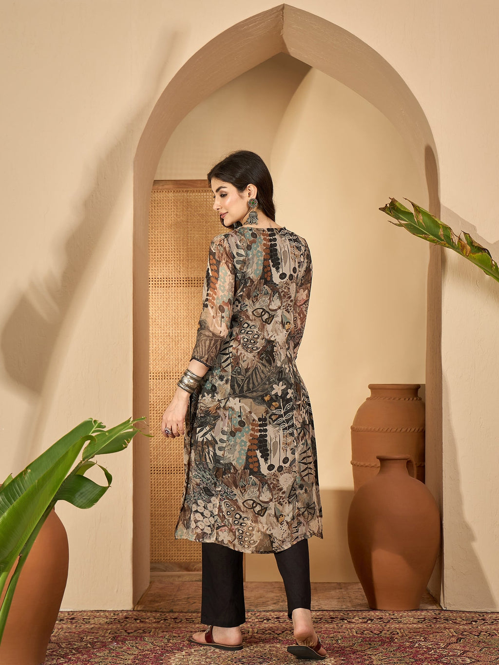 Grey Printed Mandarin Collar Pure Cotton Kurta Set For Women