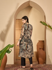 Grey Printed Mandarin Collar Pure Cotton Kurta Set For Women