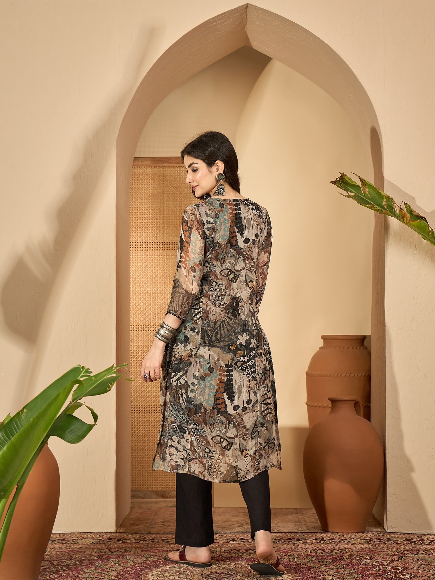 Grey Printed Mandarin Collar Pure Cotton Kurta Set For Women