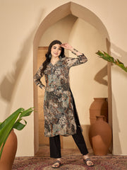 Grey Printed Mandarin Collar Pure Cotton Kurta Set For Women