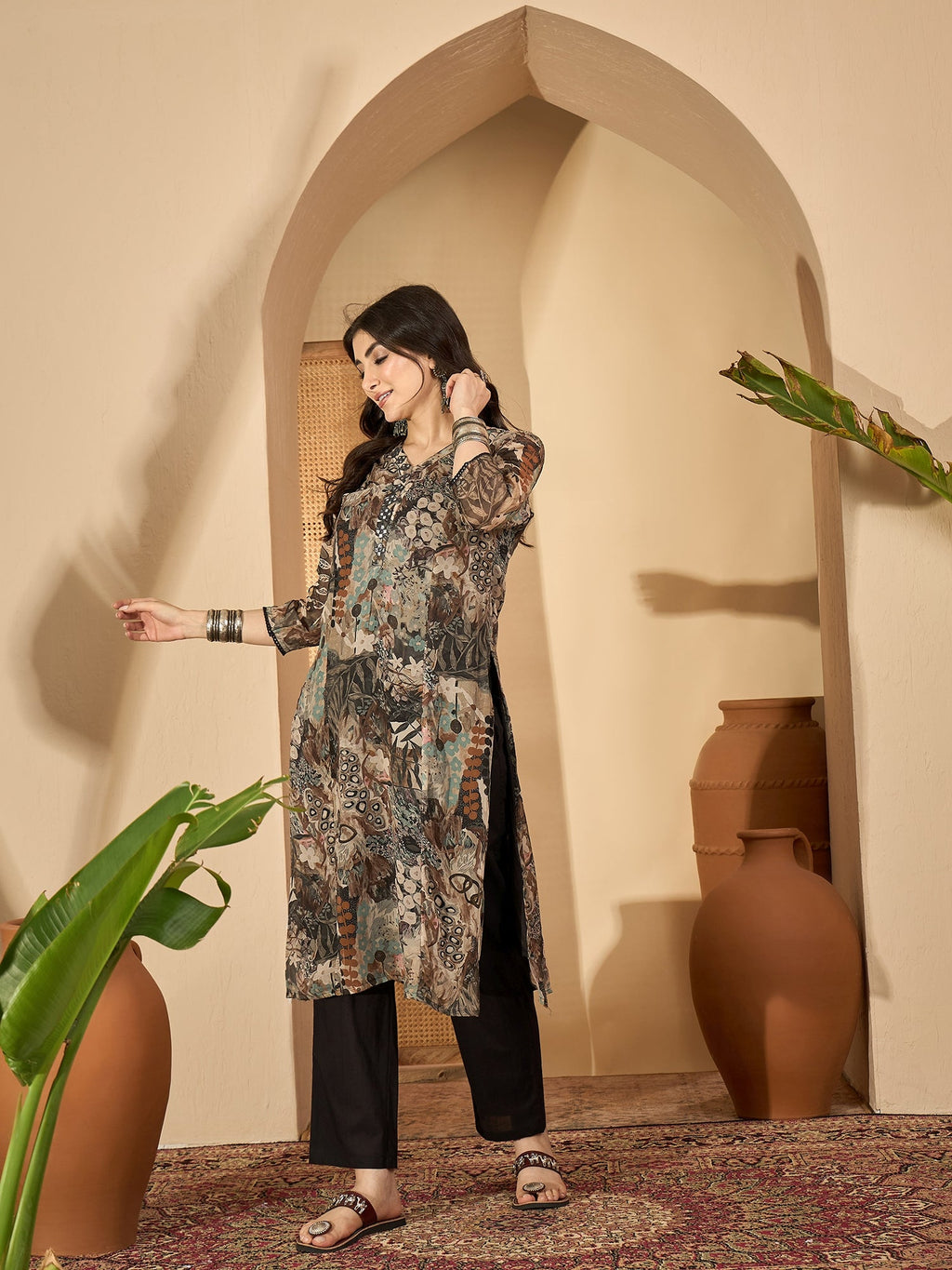 Grey Printed Mandarin Collar Pure Cotton Kurta Set For Women