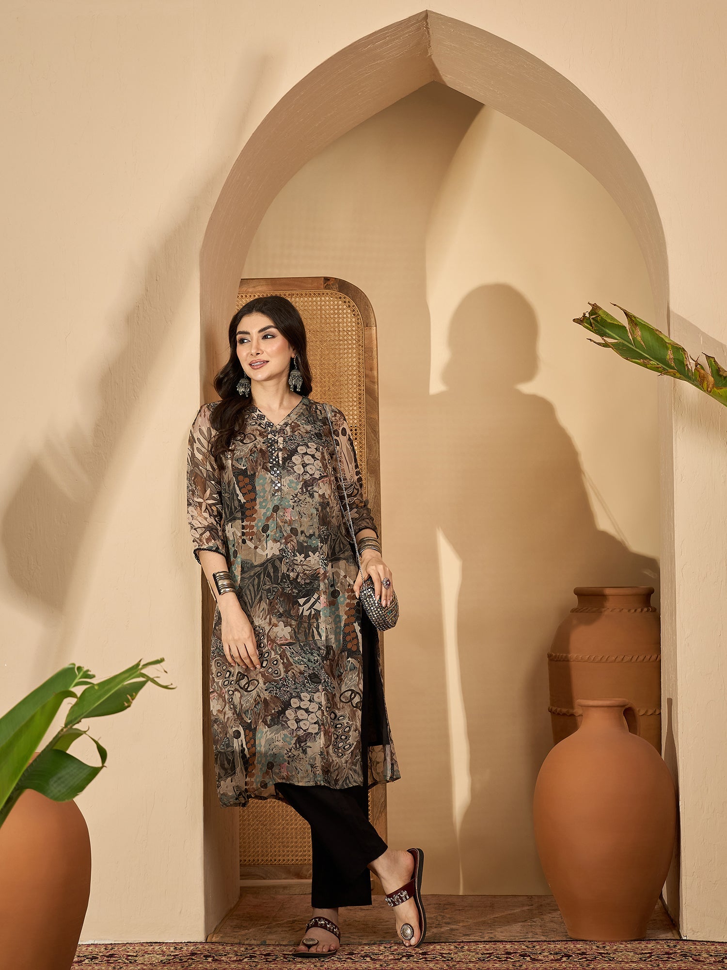 Grey Printed Mandarin Collar Pure Cotton Kurta Set For Women