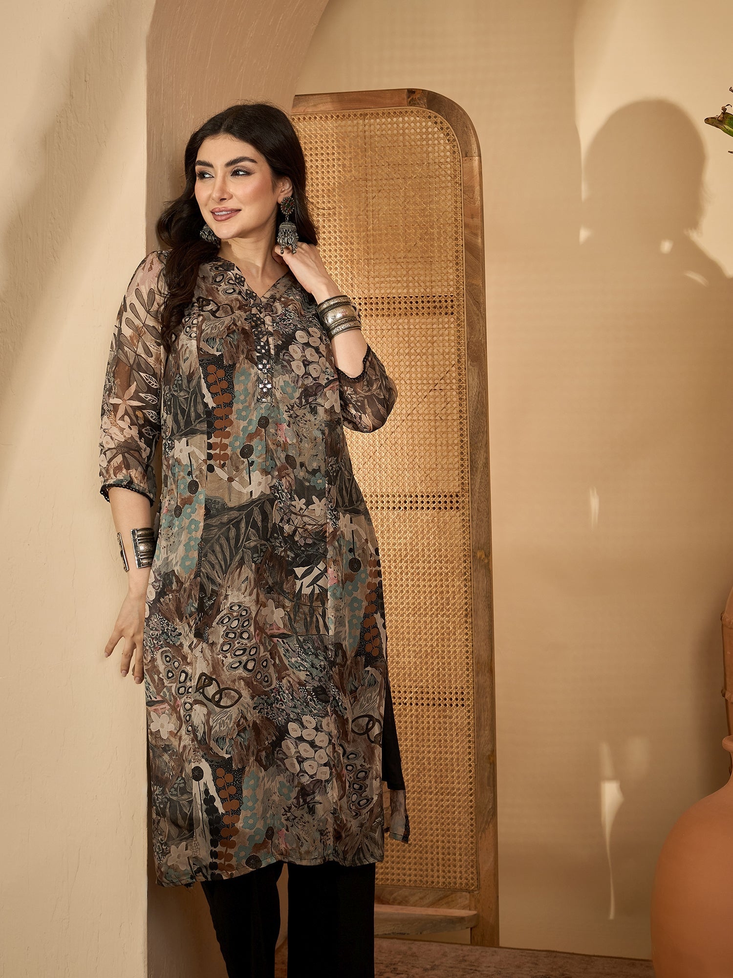 Grey Printed Mandarin Collar Pure Cotton Kurta Set For Women