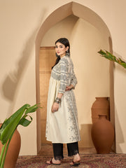 Off White Printed Mandarin Collar Pure Cotton Kurta Set For Women