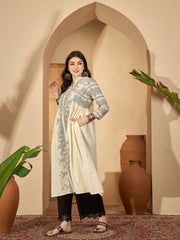 Off White Printed Mandarin Collar Pure Cotton Kurta Set For Women