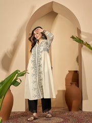 Off White Printed Mandarin Collar Pure Cotton Kurta Set For Women