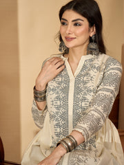Off White Printed Mandarin Collar Pure Cotton Kurta Set For Women