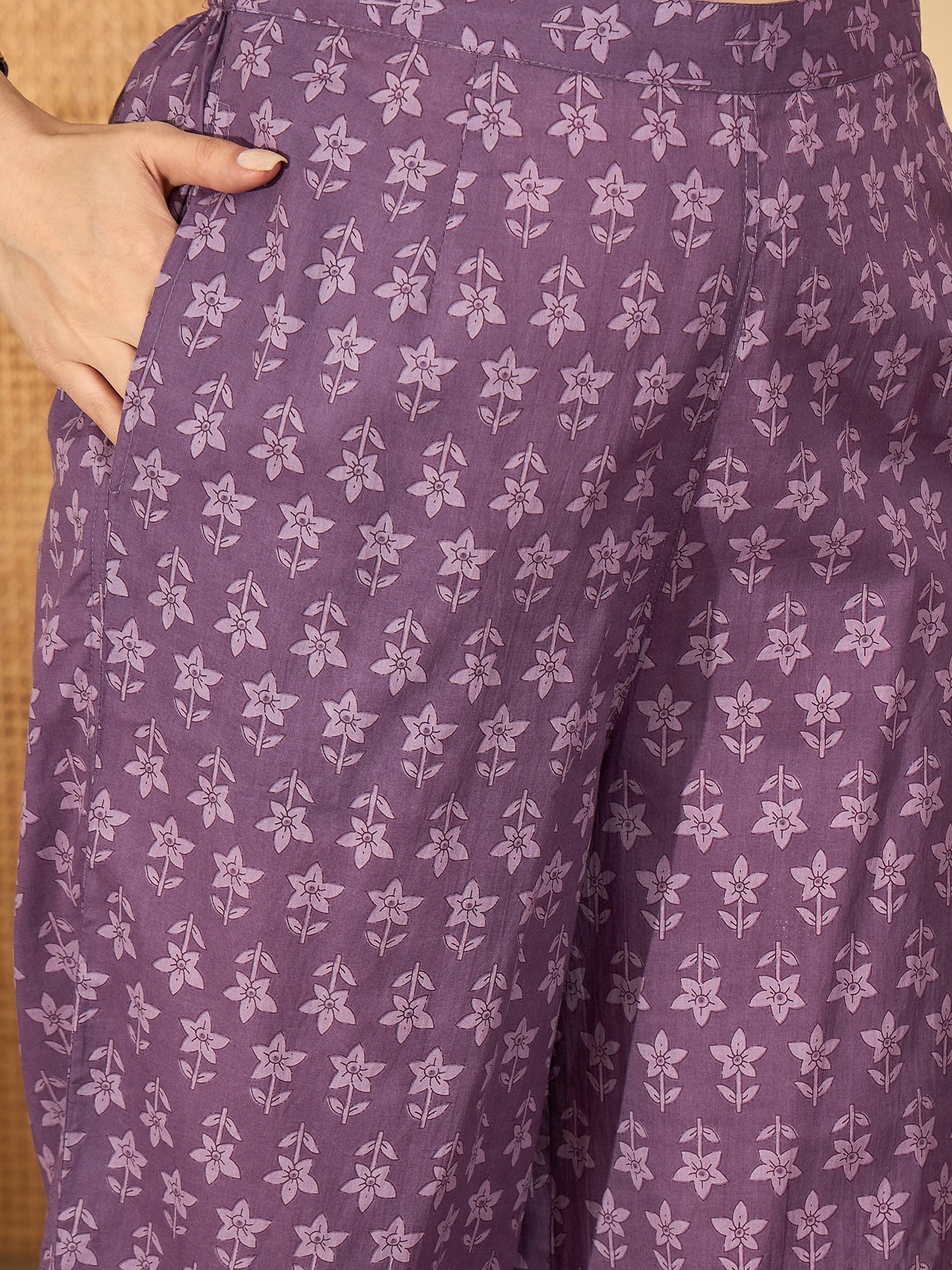 Purple Printed V-Neck Pure Cotton Kurta Set For Women