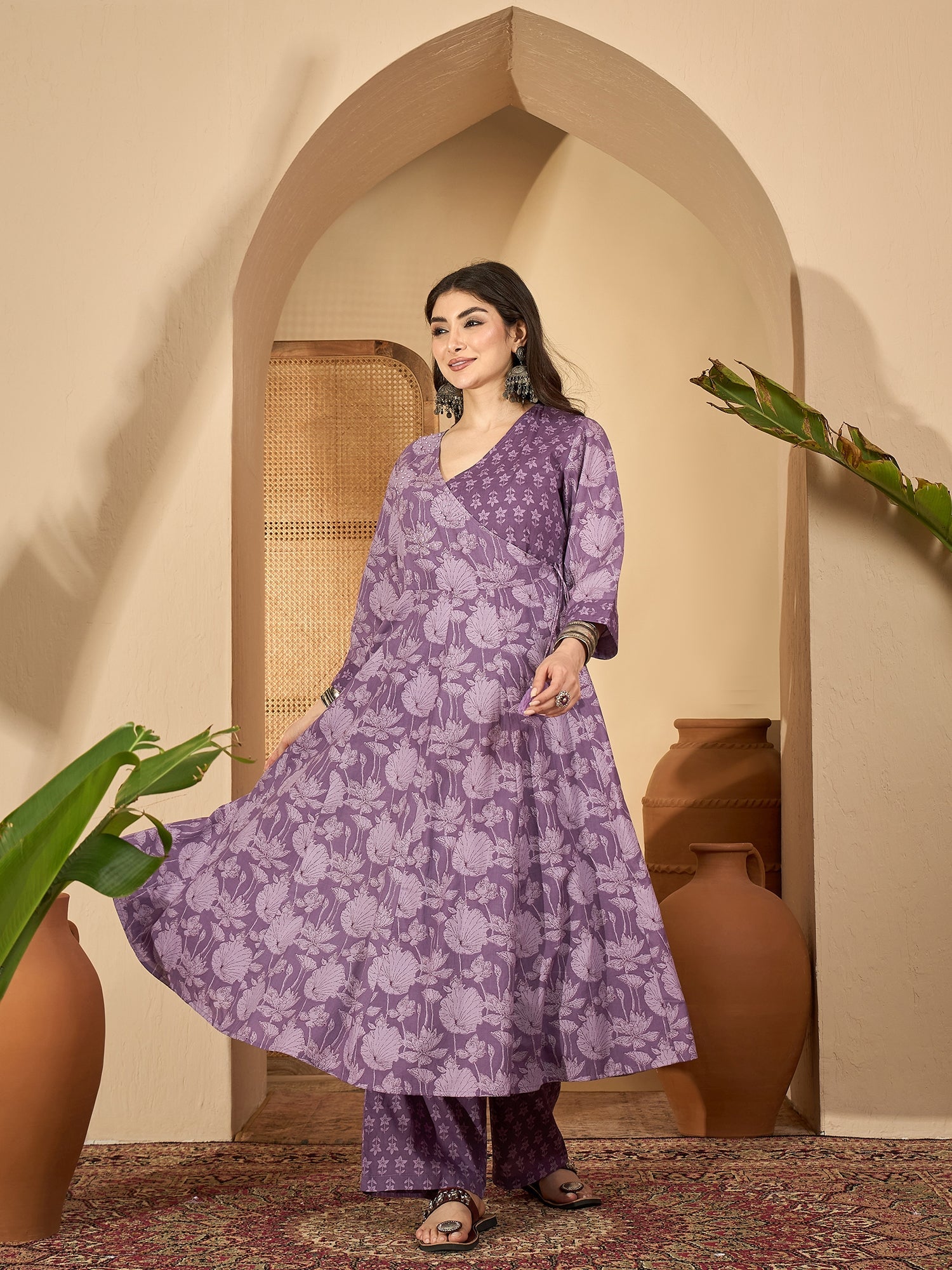 Purple Printed V-Neck Pure Cotton Kurta Set For Women