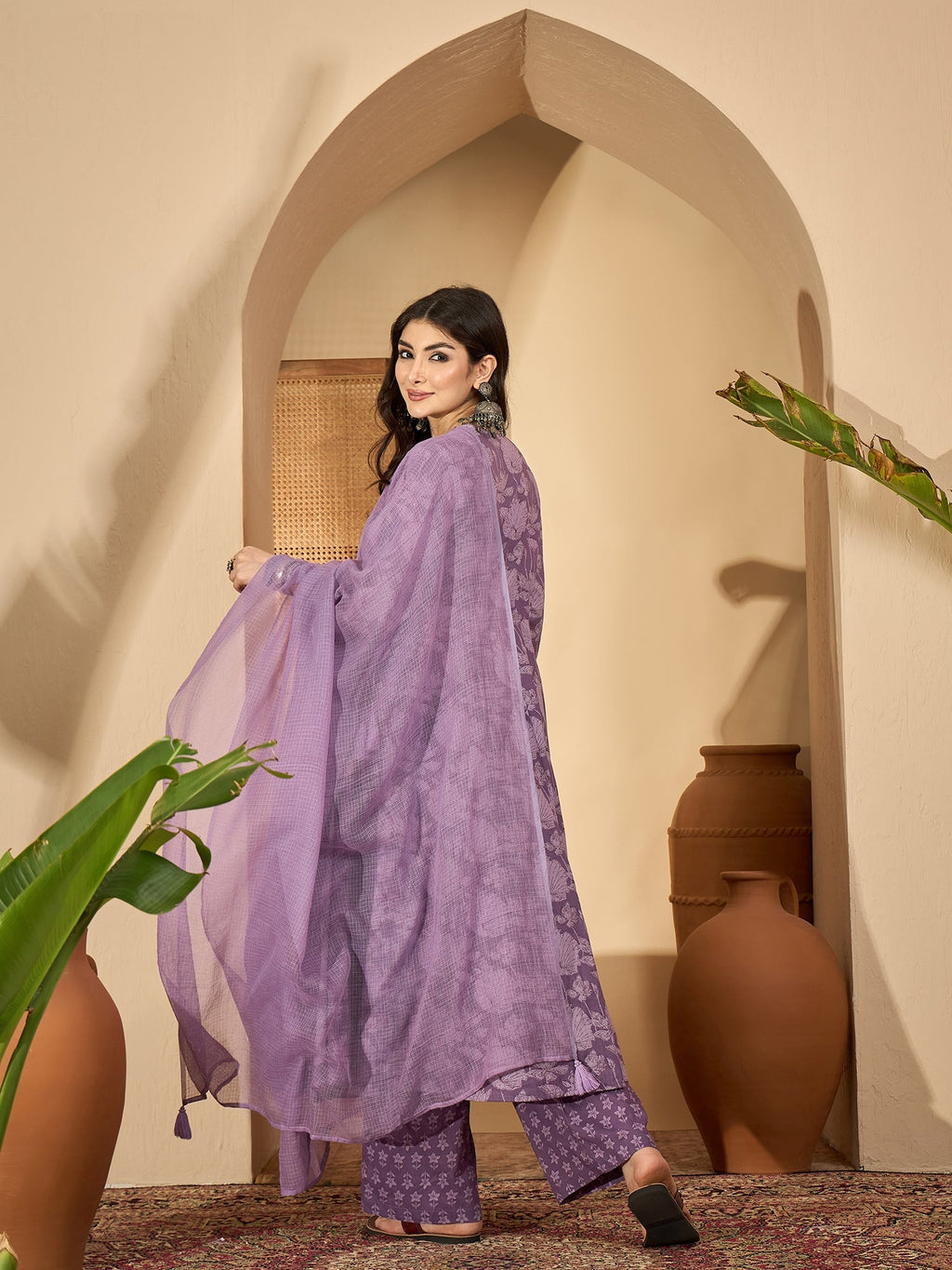 Purple Printed V-Neck Pure Cotton Kurta Set For Women