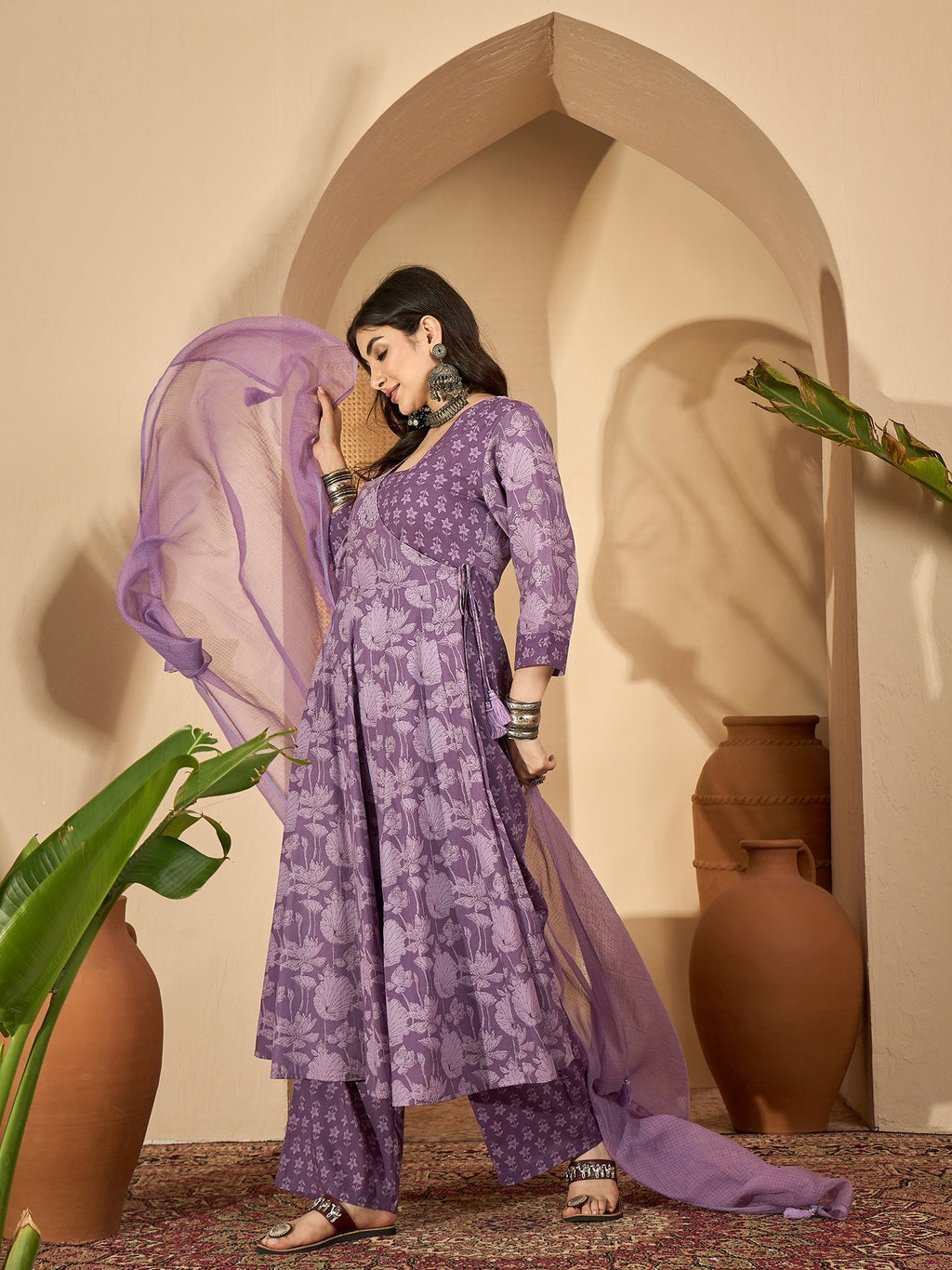 Purple Printed V-Neck Pure Cotton Kurta Set For Women