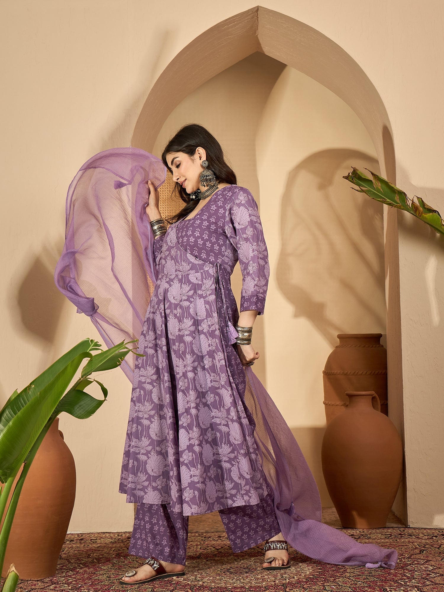 Purple Printed V-Neck Pure Cotton Kurta Set For Women