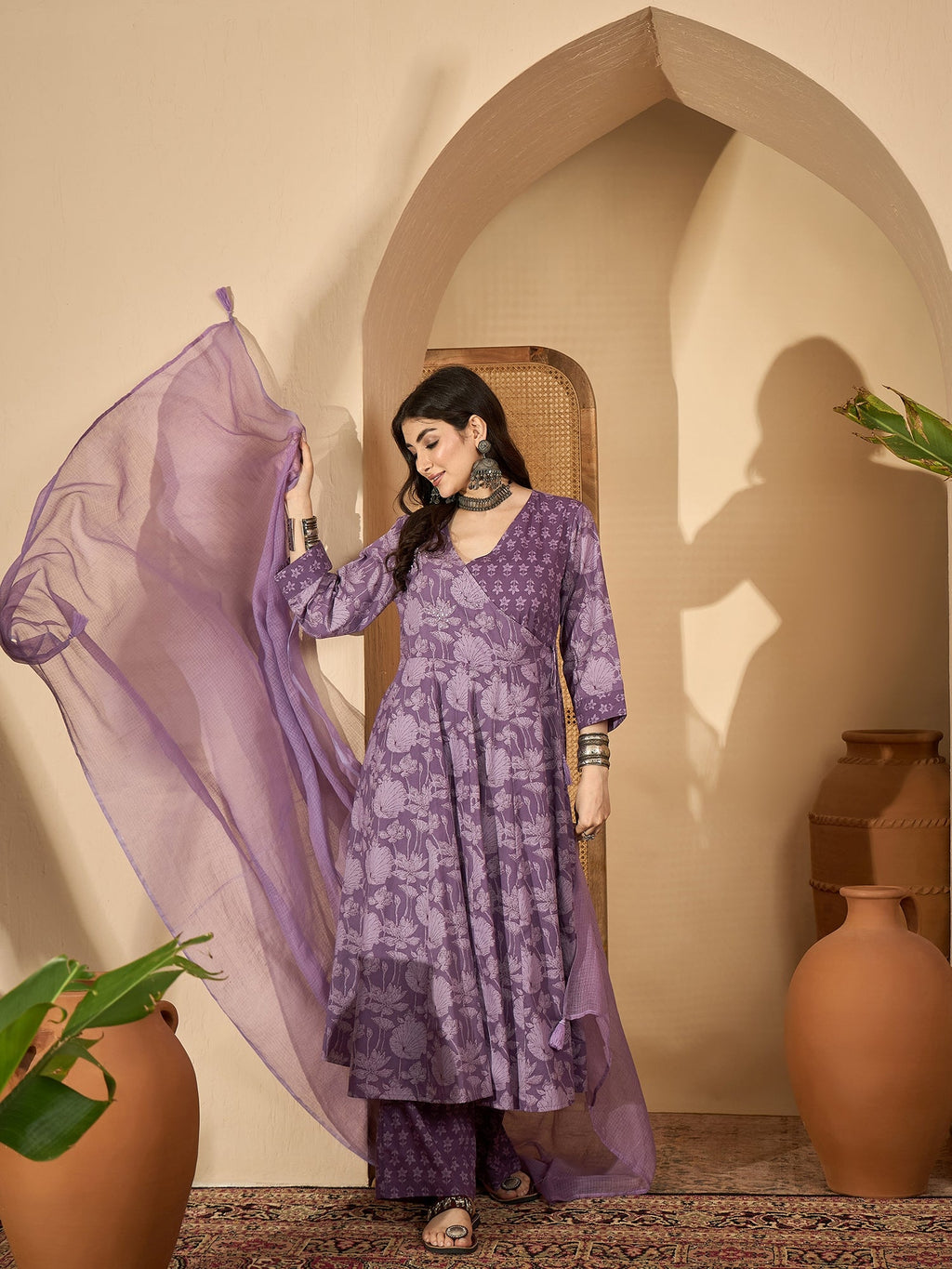 Purple Printed V-Neck Pure Cotton Kurta Set For Women