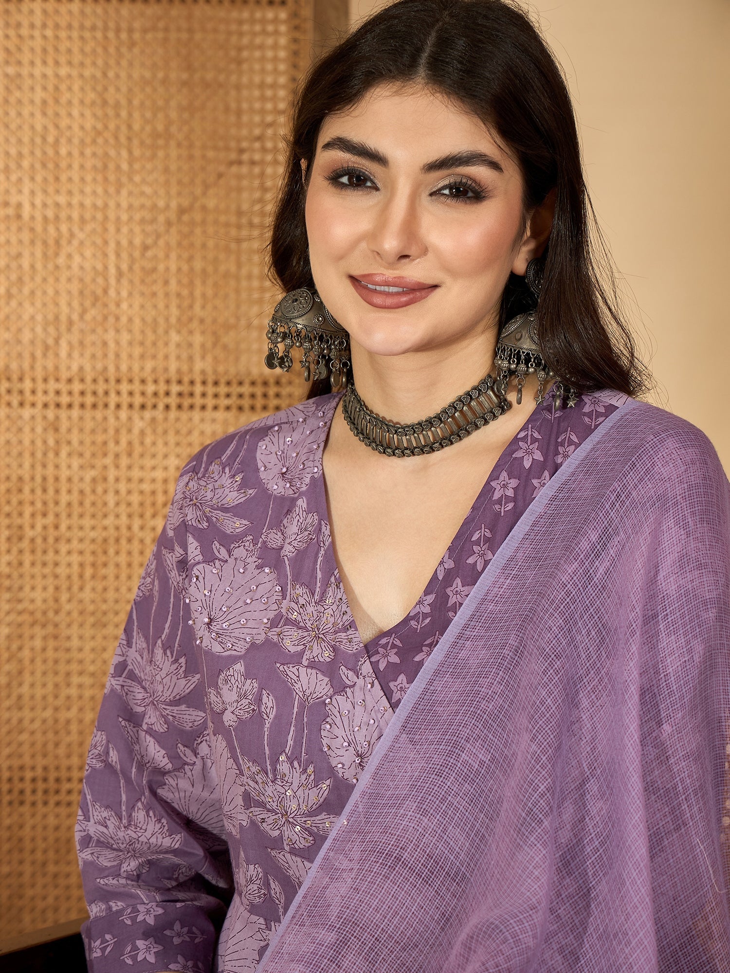 Purple Printed V-Neck Pure Cotton Kurta Set For Women