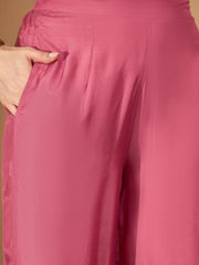 Pink Printed V-Neck Art Silk Kurta Set For Women