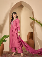 Pink Printed V-Neck Art Silk Kurta Set For Women