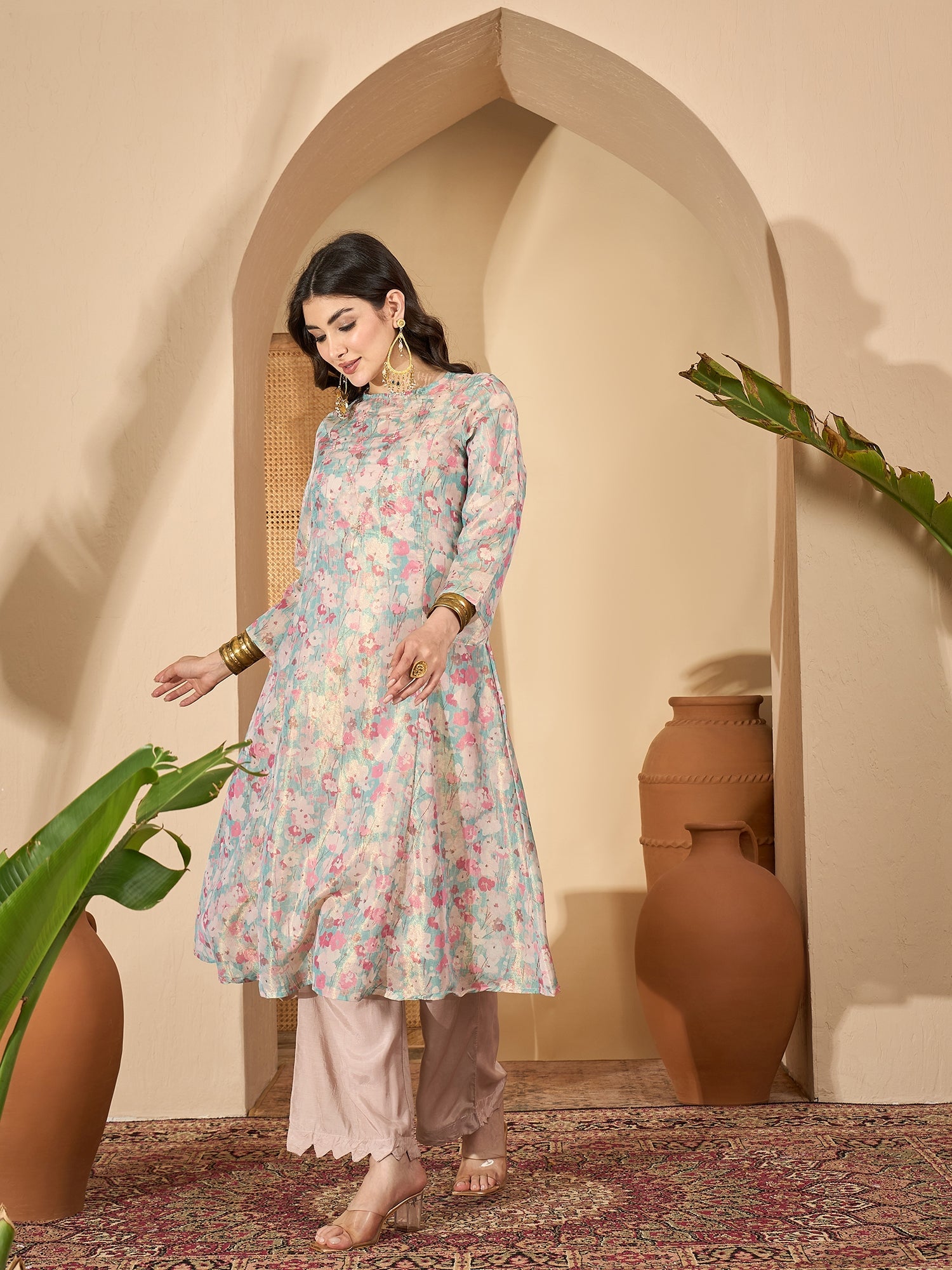 Sea Green Printed Round Neck Viscose Rayon Kurta Set For Women