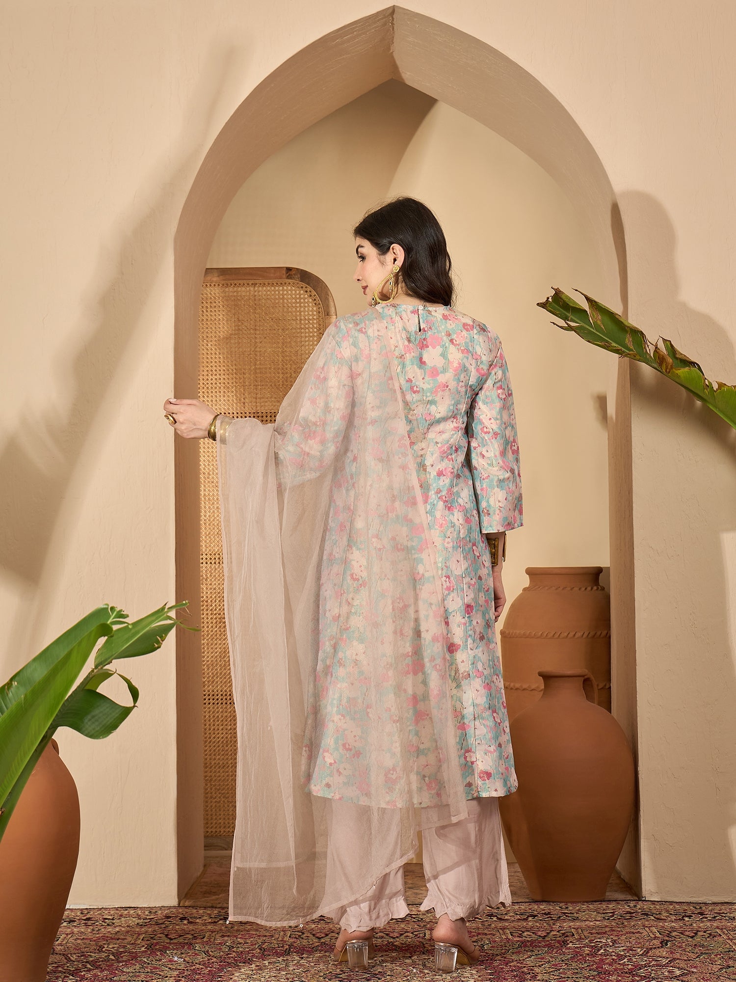 Sea Green Printed Round Neck Viscose Rayon Kurta Set For Women