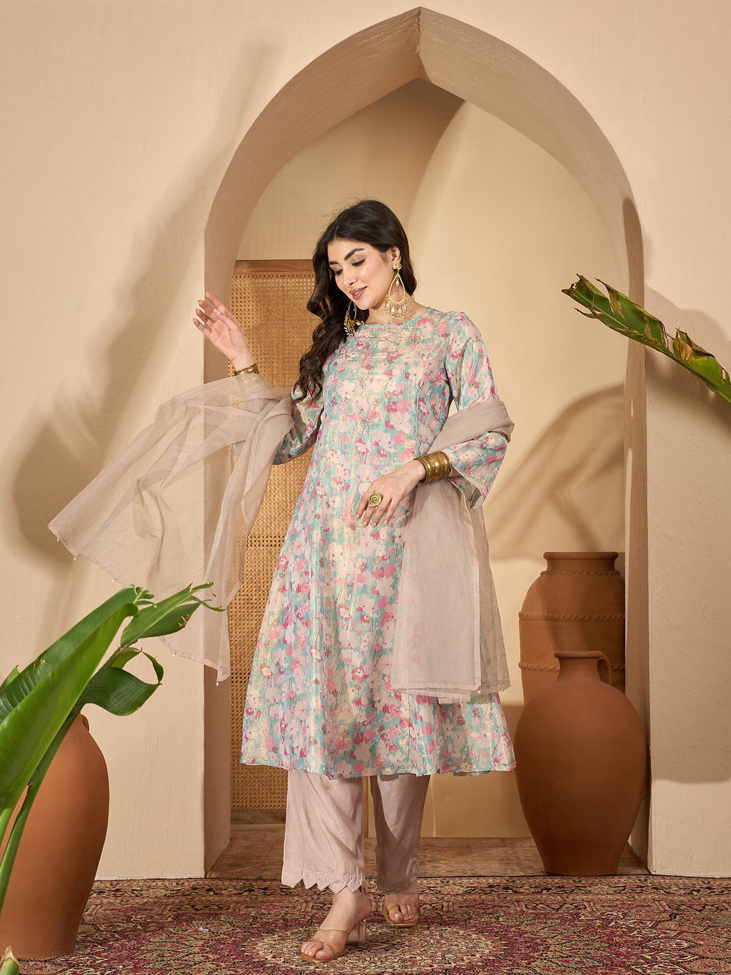 Sea Green Printed Round Neck Viscose Rayon Kurta Set For Women