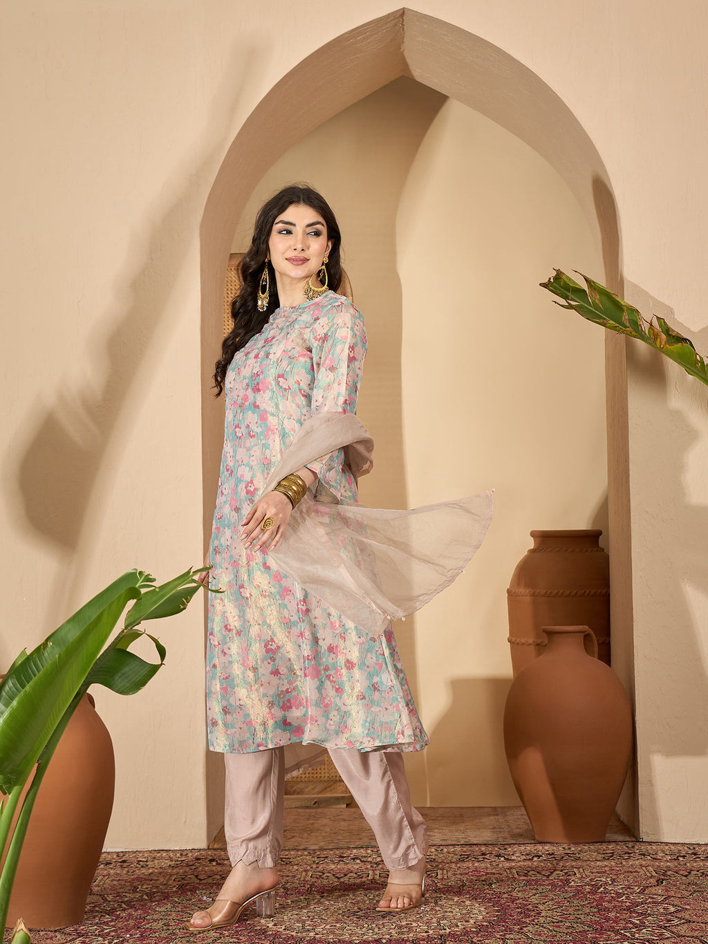 Sea Green Printed Round Neck Viscose Rayon Kurta Set For Women
