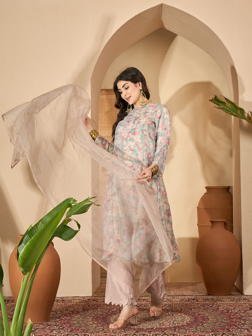 Sea Green Printed Round Neck Viscose Rayon Kurta Set For Women