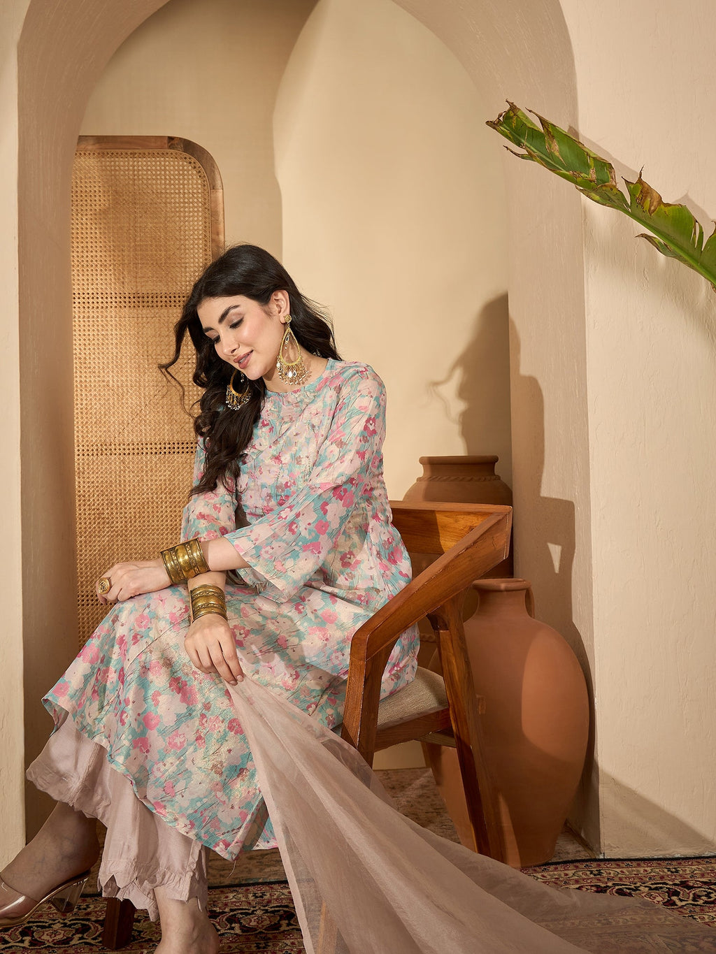 Sea Green Printed Round Neck Viscose Rayon Kurta Set For Women