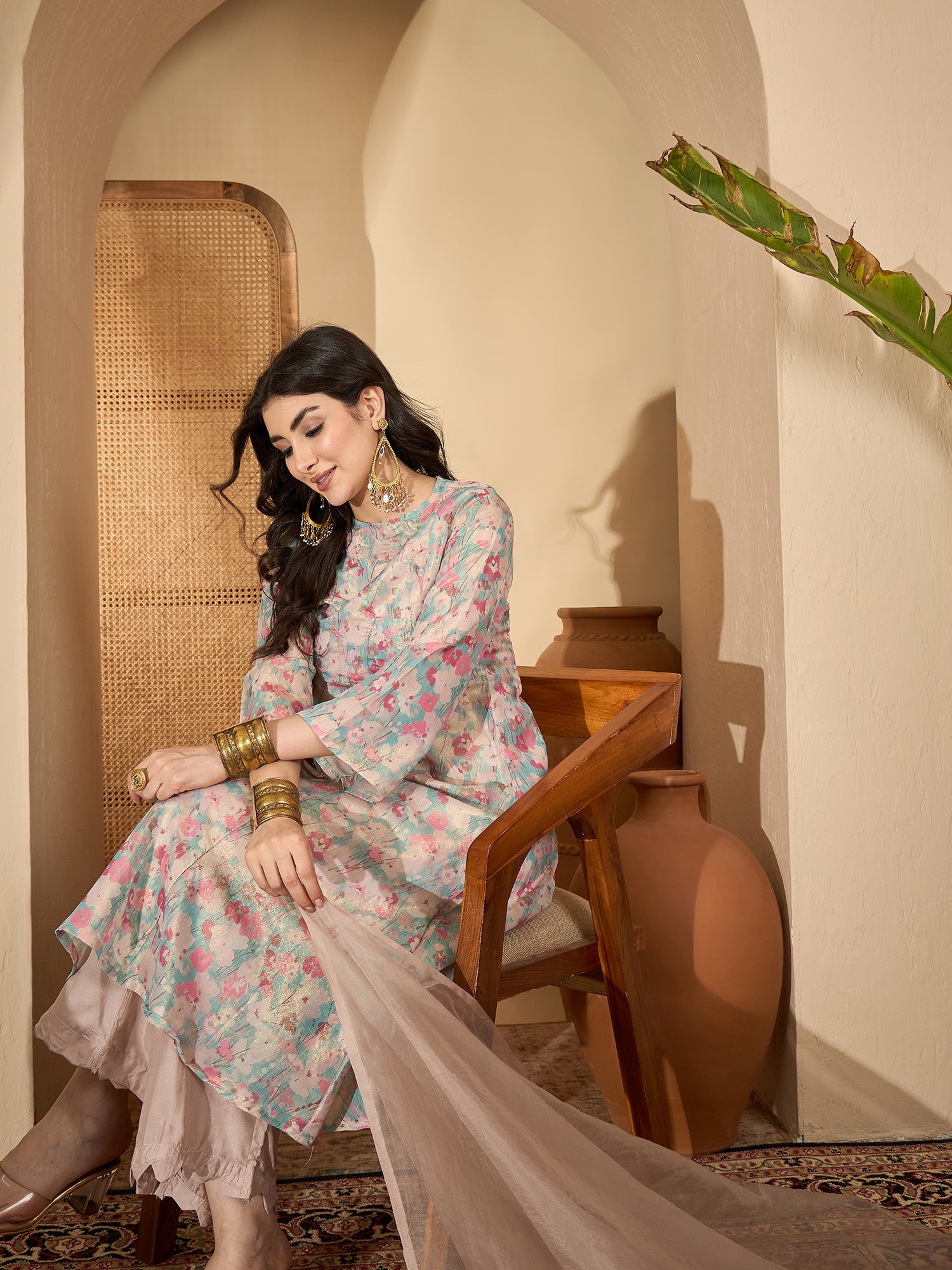 Sea Green Printed Round Neck Viscose Rayon Kurta Set For Women