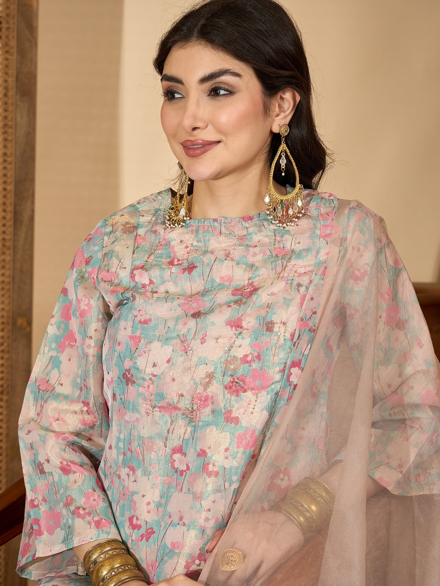 Sea Green Printed Round Neck Viscose Rayon Kurta Set For Women