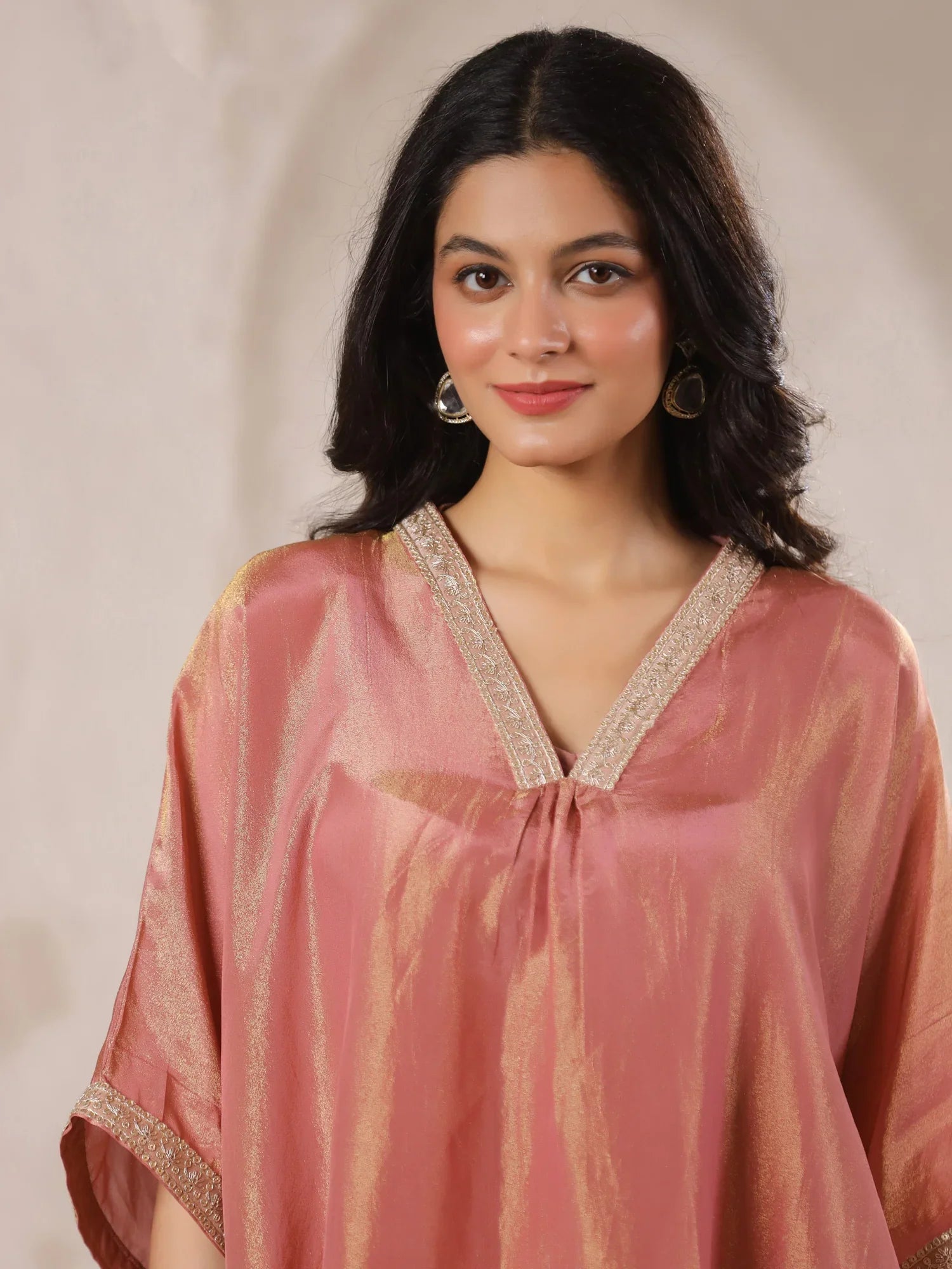 Rust Silk Blend Kaftan Co-ord Set with Embellished for Women - SanskrutiHomes 