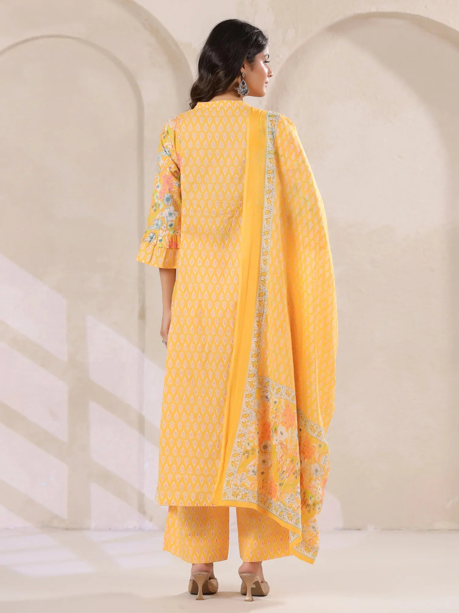 Yellow V-Neck Cotton Kurta with Floral Print and Palazzos for Women - SanskrutiHomes 