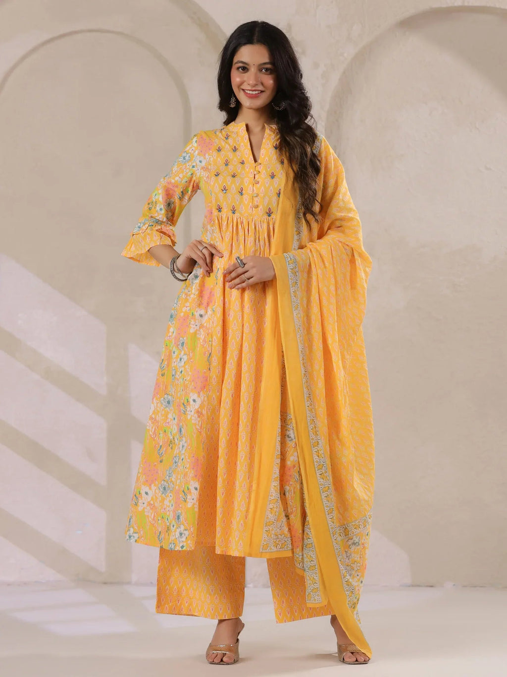 Yellow V-Neck Cotton Kurta with Floral Print and Palazzos for Women - SanskrutiHomes 