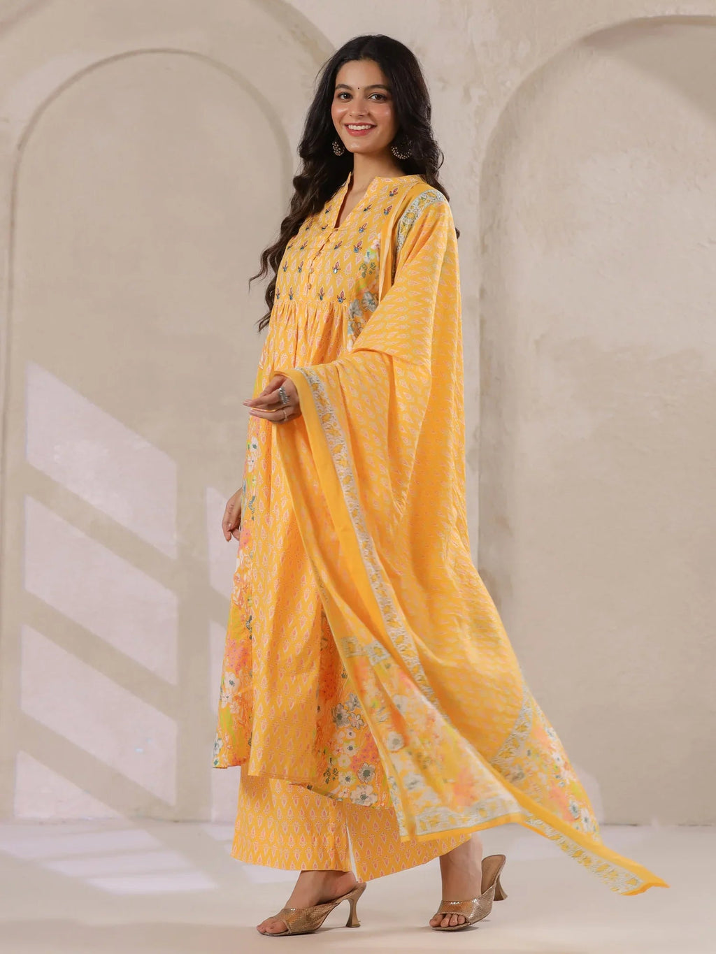 Yellow V-Neck Cotton Kurta with Floral Print and Palazzos for Women - SanskrutiHomes 
