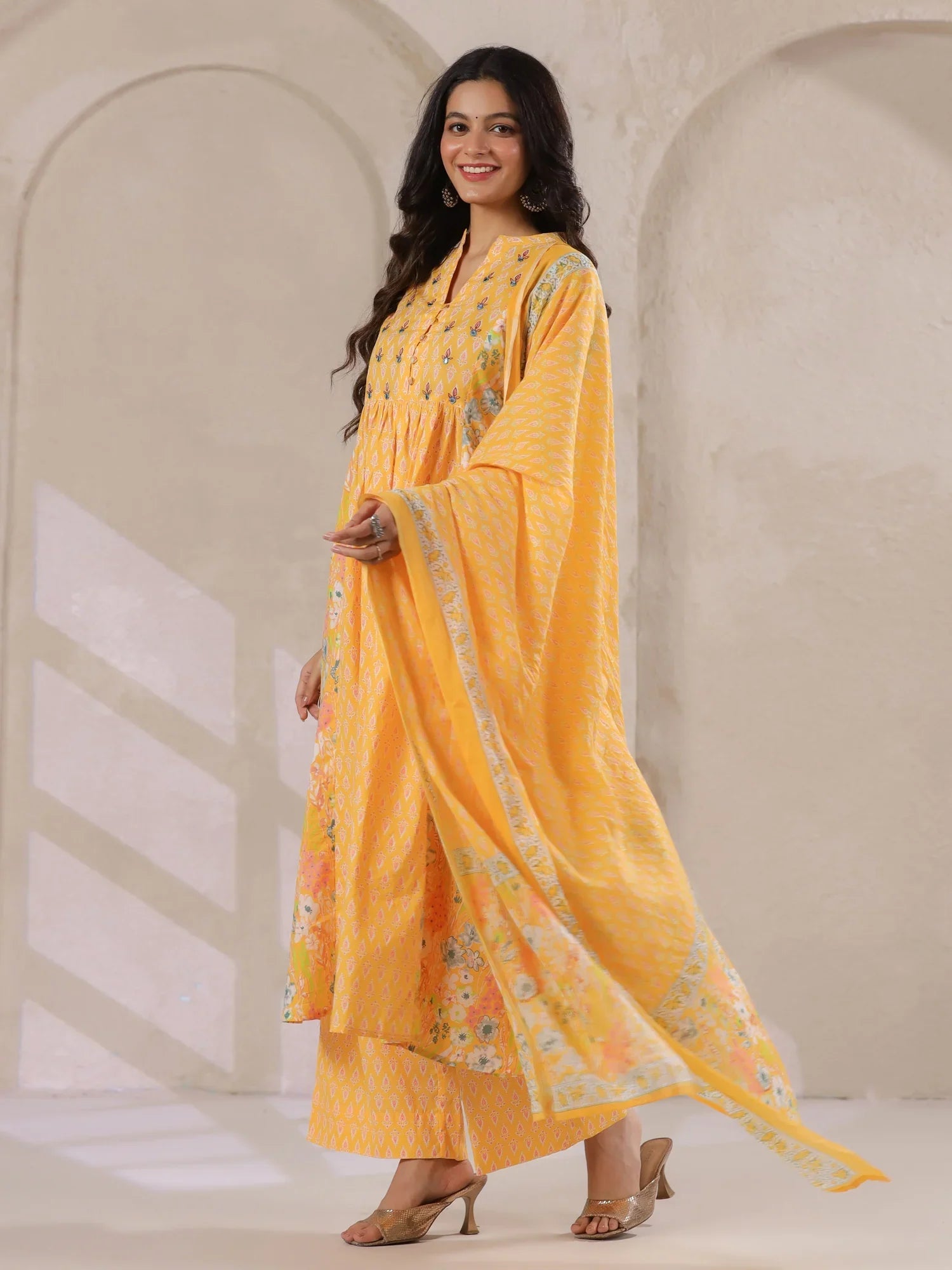 Yellow V-Neck Cotton Kurta with Floral Print and Palazzos for Women - SanskrutiHomes 